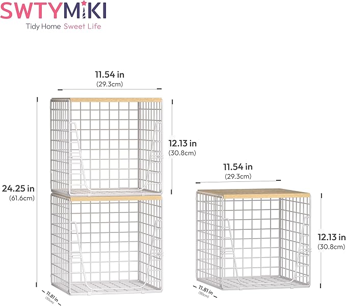 SWTYMIKI 3PCS Closet Organizers and Storage - Stackable Closet Basket with Wood Top Shelf, Clothes Storage Shelves, Clothes Drawer Bins for Wardrobe, Bedroom, Entryway, White