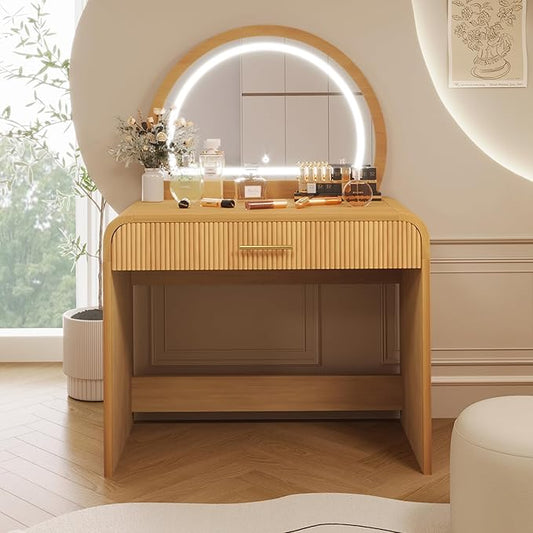 Montary 39" Makeup Vanity Table with Touch Screen Lighted Mirror, Rubber Wood Dressing Table with Large Drawer for Bedroom Living Room, Natural