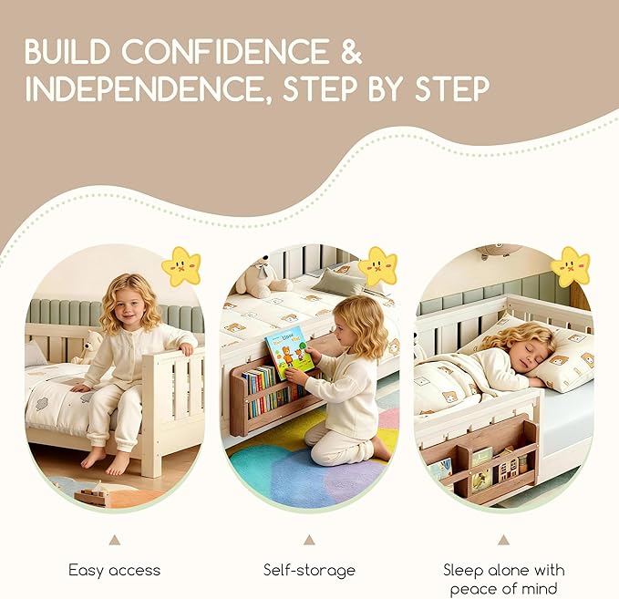 Bellemave Full Size Floor Bed Frame with Fence & Bookshelf, Solid Pinewood Montessori Floor Bed Full with Slats Load 450LBS, Low Profile Floor Bed for Kids, Bedroom, Nursery, Easy Assembly,Beige