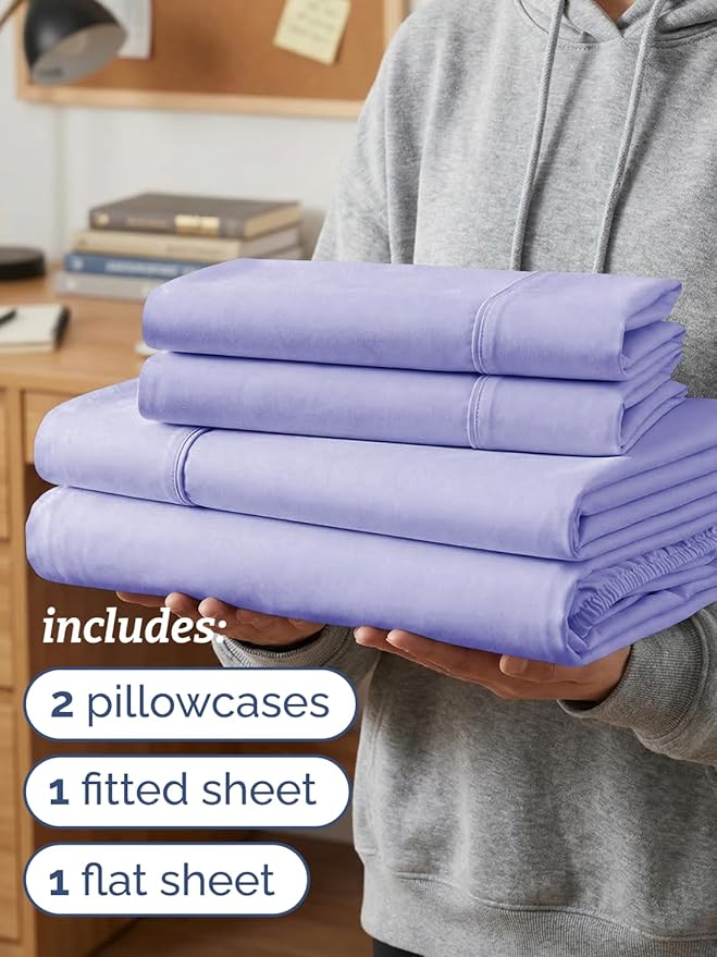 Twin XL 4 Piece Sheet Set - Comfy Breathable & Cooling - Hotel Luxury Bedding for Women, Men, Kids, Teens & Children - 1 Flat & 1 Fitted Sheet & 2 Pillowcases w/ Deep Pockets - Wrinkle Free - Lavender