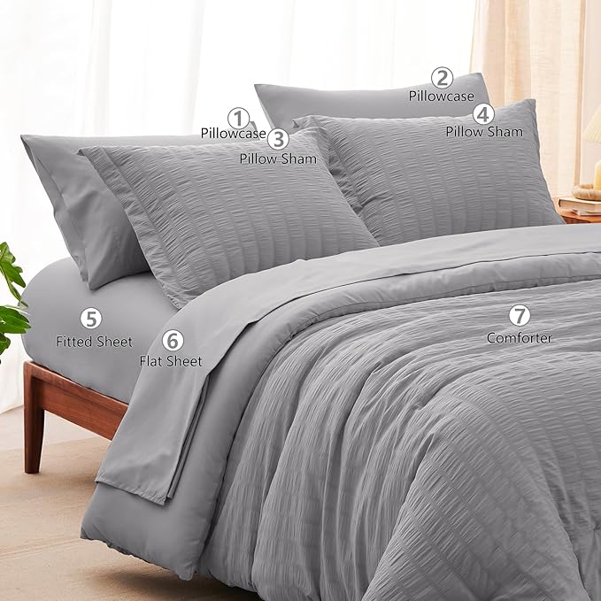 CozyLux Full Size Comforter Sets with Sheets 7 Pieces, Grey Seersucker Bed in a Bag Textured Luxury Soft Bedding Set with Down Alternative Comforter, Sheets, Pillowcases & Shams for All Season, Gray