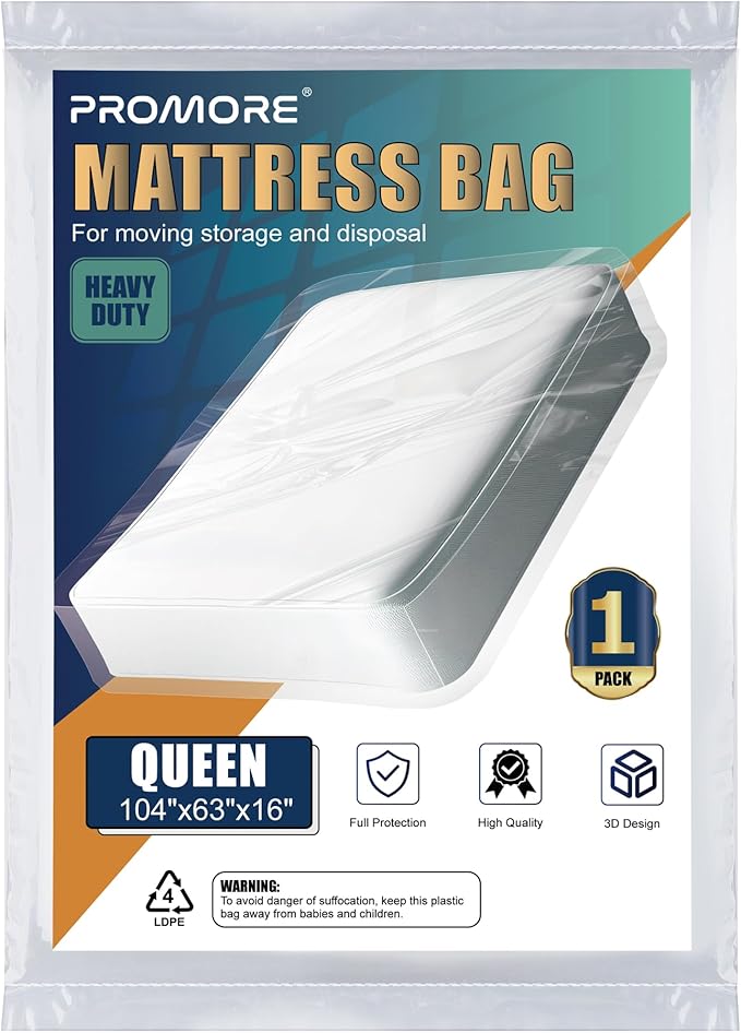 Plastic Mattress Bag for Moving or Storage - Queen Size (3Mil Thick), Waterproof Plastic Mattress Protector Covers