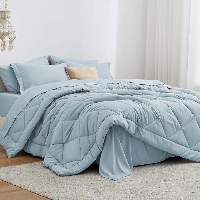 Love's cabin California King Comforter Set Light Blue, 7 Pieces California King Bed in a Bag, All Season Bedding Sets with 1 Comforter, 1 Flat Sheet, 1 Fitted Sheet, 2 Pillowcase and 2 Pillow Sham | Soft, Breathable, Lightweight, Comfortable