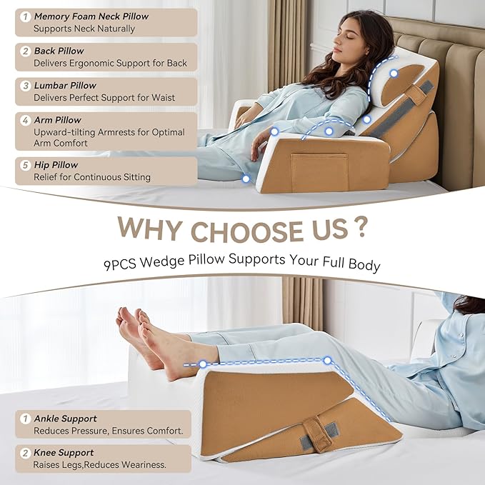 Yojoker 9PCS Orthopedic Bed Wedge Pillow Set for Sleeping, Back and Leg Pain Relief, Post Surgery Foam Pillow for Body, Triangle Adjustable Support Pillow - Acid Reflux Sleeping Pillows Brown
