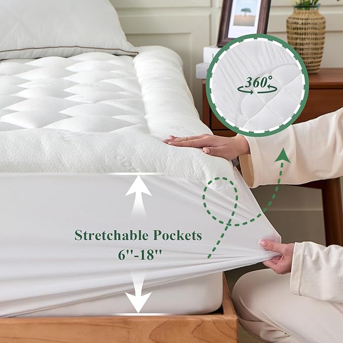 Twin XL Mattress Topper, Viscose Derived from Bamboo Thick Pillow Top Mattress Pad with Deep Pocket, Naturally Cooling for Hot Sleepers, Soft for Back Pain Relief, White