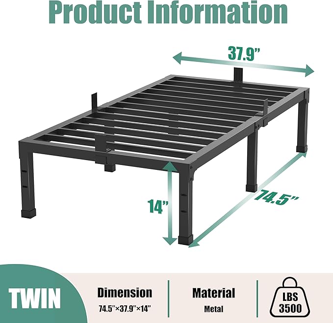 Yitong Angel Twin Size Bed Frames, 14 Inch High 3500 lbs Heavy Duty Metal Platform, Mattress Foundation with Steel Slat Support/No Box Spring Needed/Noise Free/Non-Slip/Easy Assembly