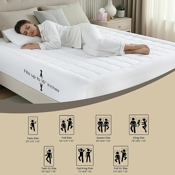 Utopia Bedding Full Mattress Pad, Quilted Fitted Premium Mattress Protector, Deep Pocket Cover Stretches up to 16 Inches, Fluffy Pillow Topper (54x75 Inches, White)