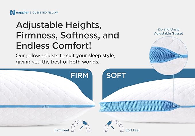 Nappler Side and Back Sleeper Pillow for Neck and Shoulder Pain Relief - Shredded Memory Foam Bed Pillow for Sleeping - 100% Adjustable Fill - Queen Size - Modal Washable Case. Extra Fill Included