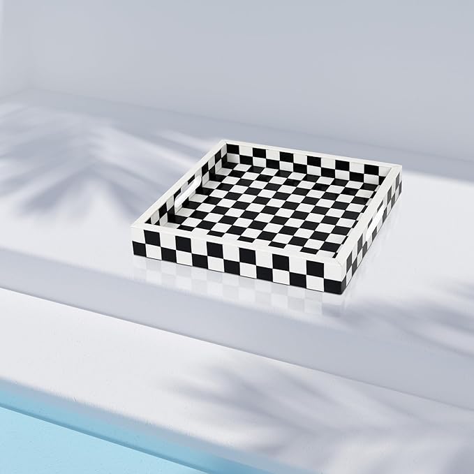 Handicrafts Home 12x12 Decorative Serving Tray, Black and White Checkered Resin Inlay Tray, Square Coffee Table Ottoman Tray for Living Room, Kitchen, Guest Tray Entertaining and Display Centerpiece