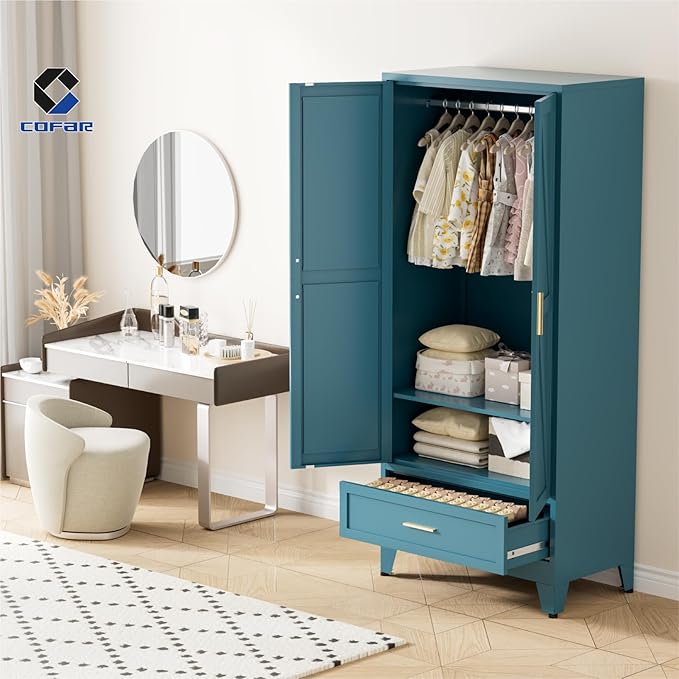 COFaR Metal Wardrobe Closet with Doors, 71'' Tall Farmhouse Bedroom Armoires with Drawer and Hanging Rod, Freestanding Steel Wardrobe Cabinet Coat Closet for Bedroom, Peacock Blue