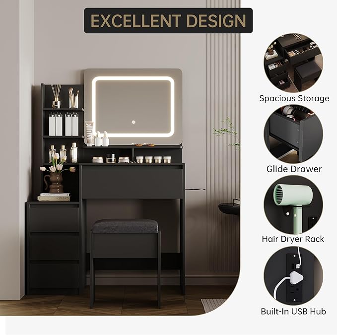GarveeHome Makeup Vanity with Mirror and Lights, 36-Inch Vanity Desk, 4 Large Drawers Dresser, 3 Lighting Modes, Stool & Charging Station, Modern Vanity Table for Bedroom, Women,