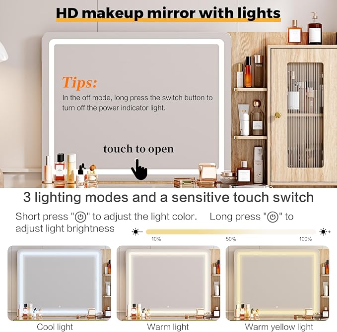 Arulvmrn Vanity Desk with Mirror and Lights, with Power Outlet and 10 Lights Modern Capacity Makeup Vanity with 3 Drawers, Makeup Table for Bedroom,Makeup Room,White