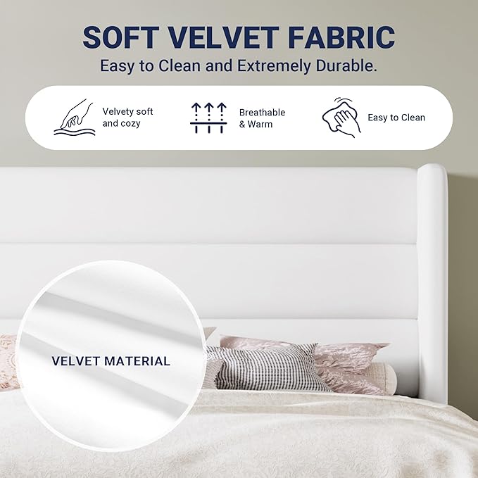 Allewie Full Size Platform Bed Frame with Velvet Upholstered Wingback Headboard, No Box Spring Needed, Under Bed Storage Space, Strong Wooden Slats, Modern Mattress Foundation, Easy Assembly, White