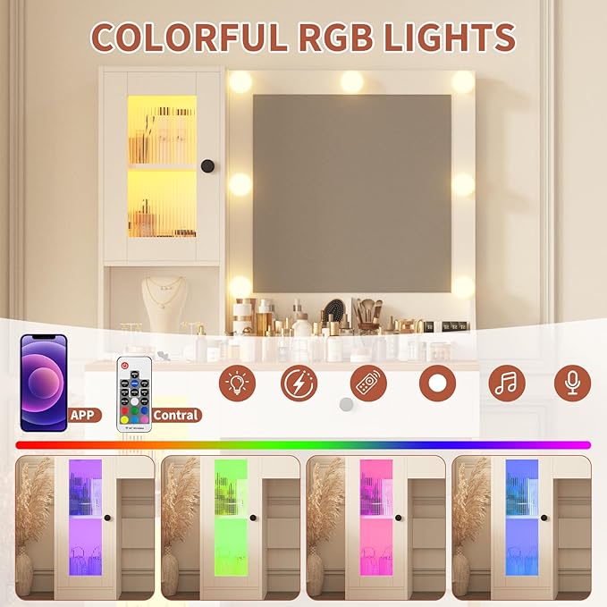 IDEALHOUSE Makeup Vanity Desk with Mirror and Lights, Vanity Table with Charging Station, 2 Open Compartments, 2 Acrylic-Door Cabinets, and RGB Lights Wood Dressing Table for Bedroom