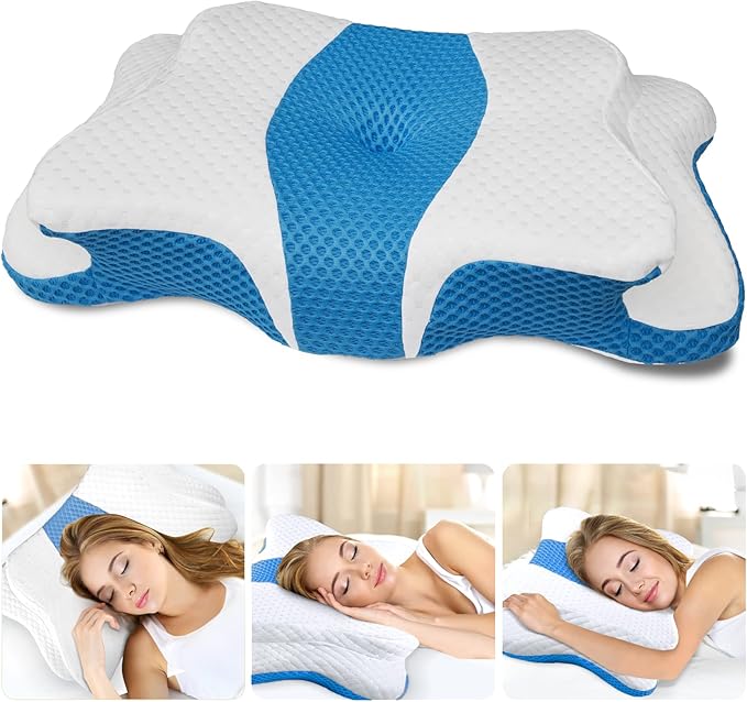 CHxxy Memory Foam Pillows, Cervical Pillow for Neck and Shoulder Pain Relief, Ergonomic Contour Bed Pillow, Soft for Side Sleep Stomach Sleeping and Back Sleeper-Queen Size&Blue