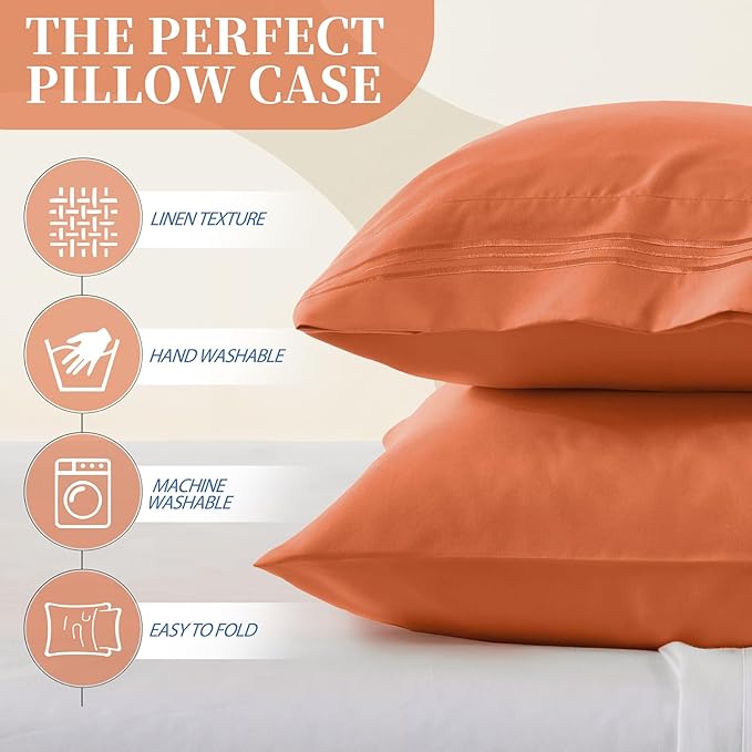 Vonty 2 Pack Queen Pillow Cases - 20x30 Inch, 1800 Thread Count Microfiber Pillowcases Queen Size Pimpkin Orange Pillow Cases Luxury & Soft Embroidered Bed Pillow Covers with Envelope Closure