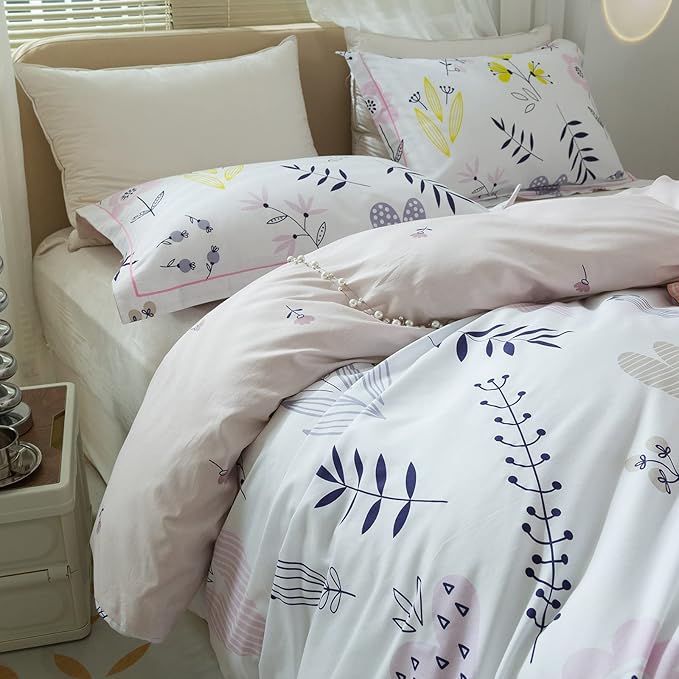 mixinni Girls Duvet Cover Twin Size Blossom Duvet Cover Cotton Flower White Floral Printed Pink Duvet Cover Set Flower Leaves Pattern Bedding with Zipper Closure for Teenage Girls