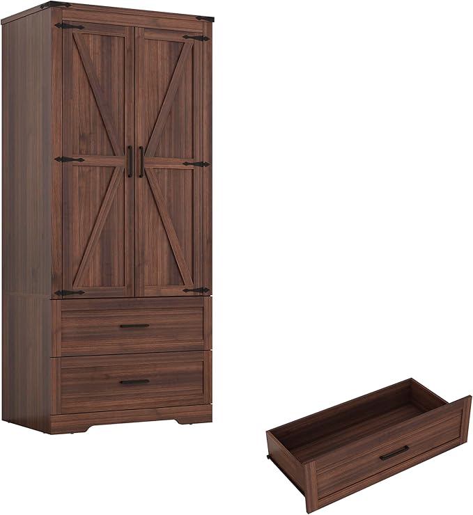Hlivelood 2 Doors Wardrobe Armoire Closet with Doors and Drawers, Farmhouse Wooden Armoire Storage Cabinet with Shelves & Hanging Rod for Bedroom, Brown