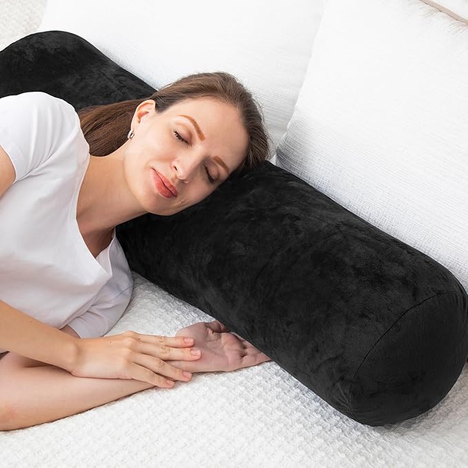1 MIDDLE ONE Round Body Pillow for Adults, Long Bolster Pillow for Bed with Removable Velvet Cover, Decorative Tube Roll Cylinder Pillow, 35 x 7.87 Inch, Black