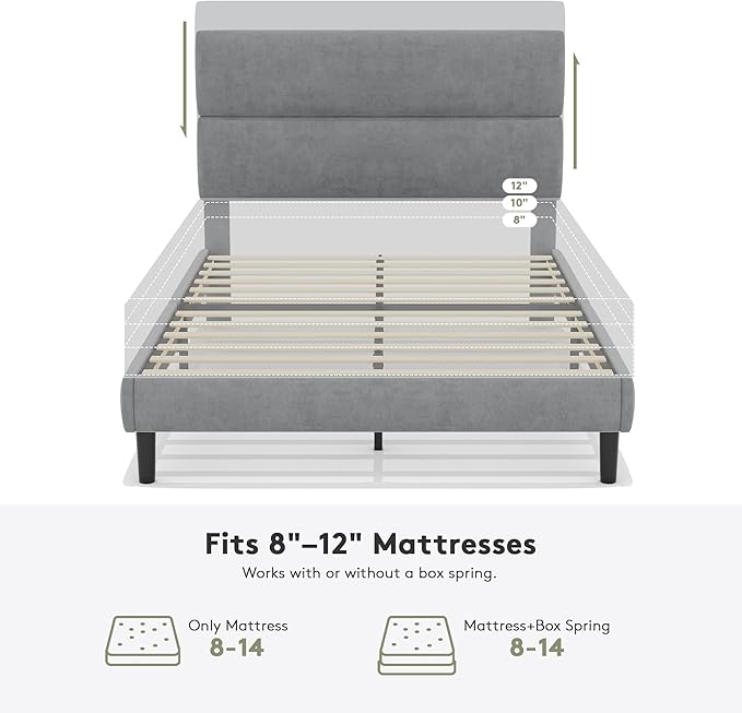 GRUSIGN Queen Size Platform Bed Frame with Velvet Headboard, Adjustable Height Wooden Slats Support, Upholstered Mattress Foundation, Fits Mattress or Mattress with Box Spring, Easy Assembly, Grey