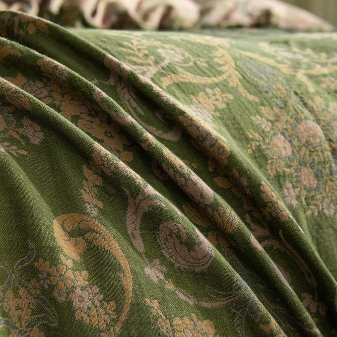 VM VOUGEMARKET Olive Green Duvet Cover Set King,Reversible Medallion Flower Print Bedding Set Linen Cotton Yarn-Dyed Textured Bohemian Duvet Cover with Zipper Closure-104 x90
