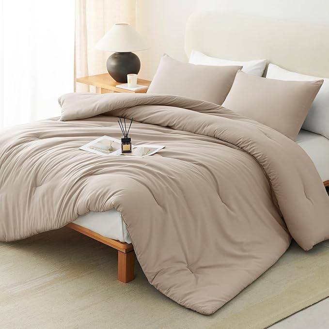 CozyLux Full Size Comforter Set Wheat, 3 Pieces Solid Breathable Quilted Bedding Sets, Luxury Lightweight Soft Bed Set with Down Alternative Comforter and 2 Pillowcases for All Seasons