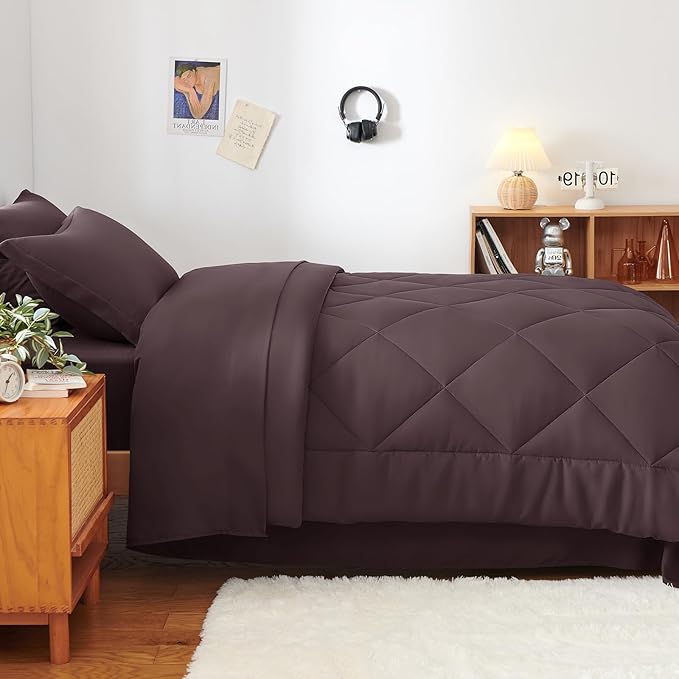 CozyLux Twin XL Comforter Set Cocoa Powder - 5 Pieces Twin Extra Long Bed in a Bag for College Dorm, All Season Bedding Set for Girls and Boys, Soft Bed Set with Comforter, Sheets, Pillowcase & Sham