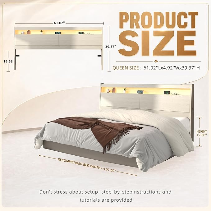 Wooden Headboard Only with Storage, Skirting Groove for Enhanced Stability, Built-in Power Outlet, 2 USB Ports & LED Light - Solid Wood Leg Sturdy Stable Bed Backboard (Ivory White, Queen)