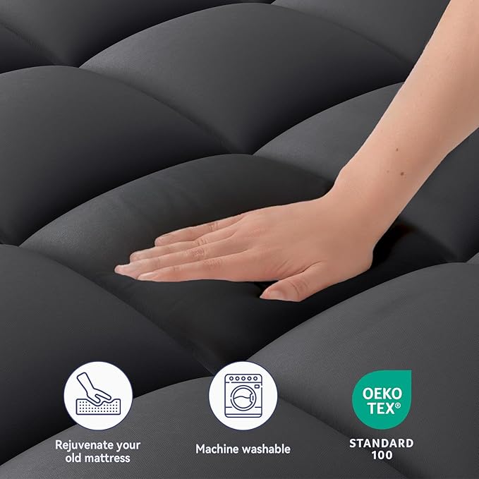 ELEMUSE Twin XL Black Mattress Topper for Dorm Bed, College Dorm Room Essentials for Girls&Guys, Soft Comfortable Bed Upgrade for Back to School, Apartment&Rental Use