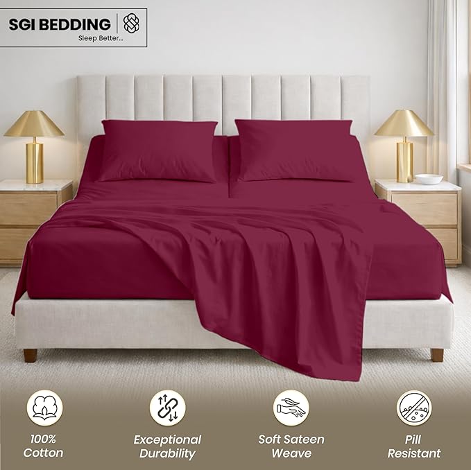 SGI bedding 36" King Split Top Flex Head Sheet 100% Egyptian Cotton Sheet Set 1000 Thread Count Flex Top Sheet for Adjustable Bed 4Pc Sheet Set 15" Deep Pocket for Sleep Number Bed - Burgundy
