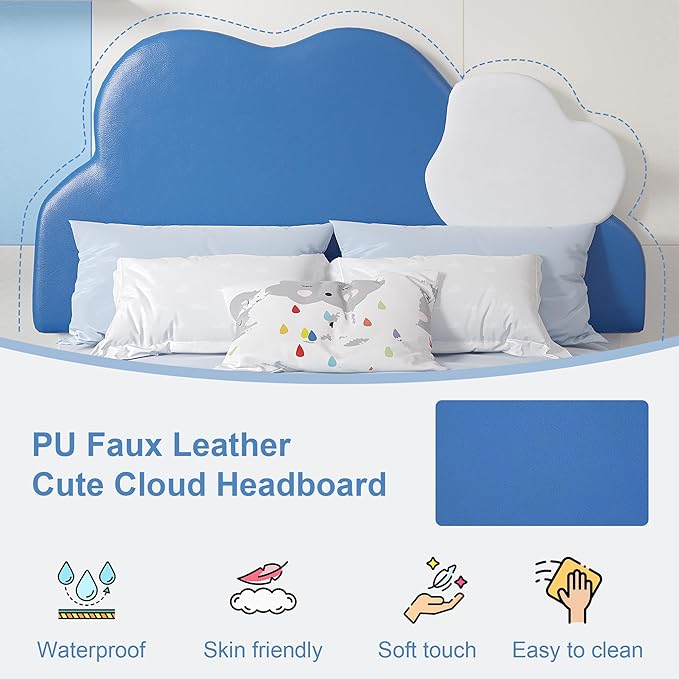 VECELO Twin Size Bed Frame, Upholstered Platform Bedframe with Height Adjustable Cloud-Shaped Headboard, Strong Wood Slat Supports, No Box Spring Needed, Blue