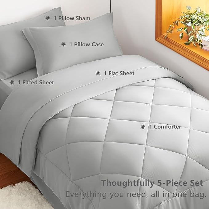CozyLux Twin XL Comforter Set Light Grey - 5 Pieces Twin Extra Long Bed in a Bag for College Dorm, All Season Bedding Set for Girls and Boys, Soft Bed Set with Comforter, Sheets, Pillowcase & Sham