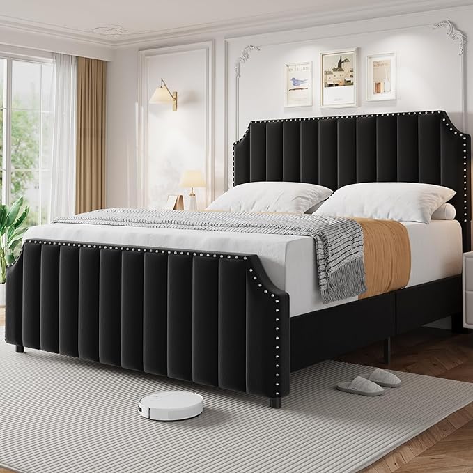 GarveeHome Queen Size Velvet Bed Frame, 50.2" Tall Headboard & Footboard, Upholstered Platform Queen Bed Frame with Nailhead Trim, No Box Spring Needed, Noise Free, Solid Wooden Slats, Black