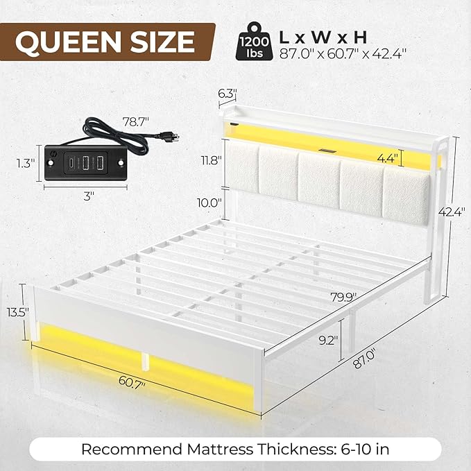 Rolanstar Bed Frame Queen Size with Charging Station and LED Lights, Upholstered Headboard with Storage Shelves, Heavy Duty Metal Slats, No Box Spring Need, Noise Free, Easy Assembly, White