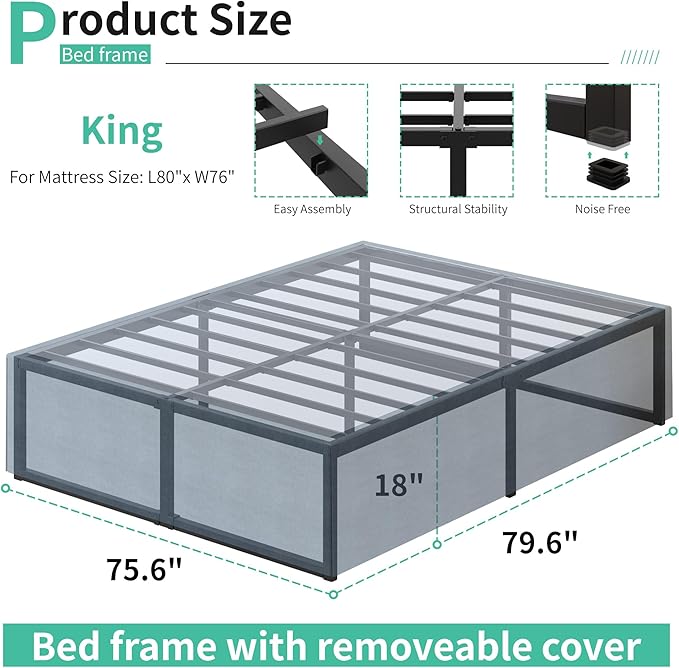 Lutown-Teen 18 Inch King Bed Frame with Storage Bed Cover Skirt, Heavy Duty Metal Full Platform Bed Frame No Box Spring Needed, Easy Assembly, Noise Free, Black and Blue