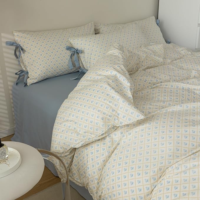 mixinni Blue Floral Duvet Cover Set Twin XL - 3 Piece Cottagecore Bedding Set with Bow Ties & Zipper Closure, 100% Cotton Soft Aesthetic Comforter Cover for Girls, Lightweight Breathable Country Style