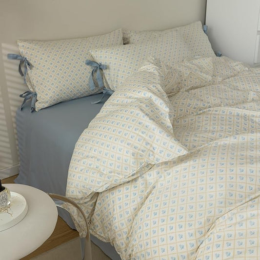 mixinni Blue Floral Duvet Cover Set Queen - 3 Piece Cottagecore Bedding Set with Bow Ties & Zipper Closure, 100% Cotton Soft Aesthetic Comforter Cover for Girls, Lightweight Breathable Country Style