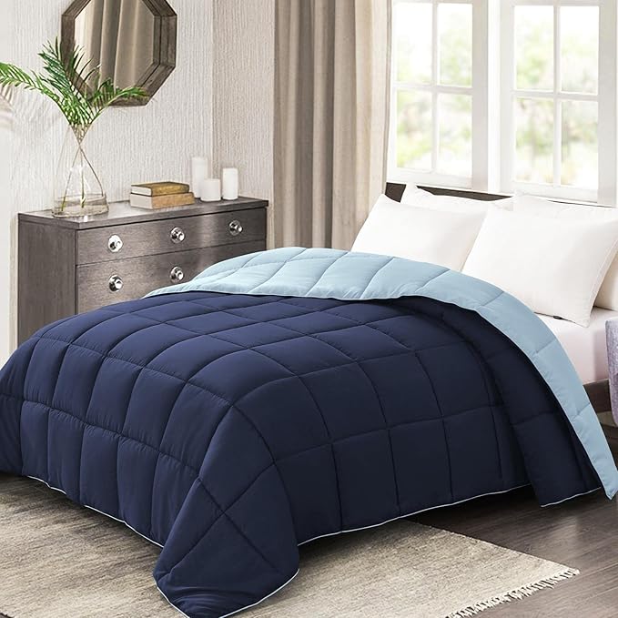 Homelike Moment Oversized Queen Comforter - Blue Duvet Insert Down Alternative Bed Comforter, Lightweight Bedding Comforters Oversize Queen Quilted Soft All Season Reversible Navy/Light Blue