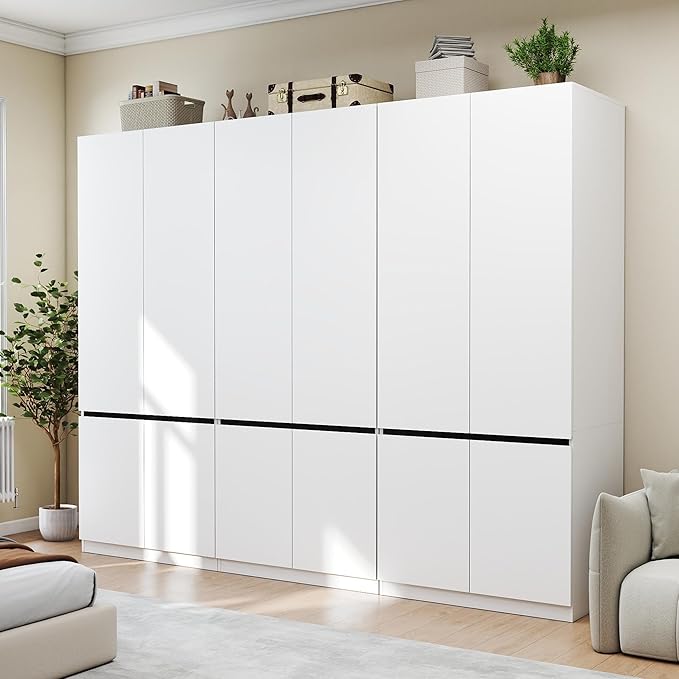 White Armoire Wardrobe Closet: 74" Large Wardrobe Closet with 6 Doors, Wood Closets Cabinet for Hanging Clothes, Freestanding Bedroom Armoires (94.5 in-6 Doors)