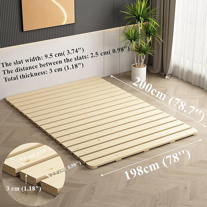 Floor Bed Frame King Size, Breathable Wooden Bed Plate, Wood Roll-Type Slatted Bed Japanese Futon Mattress, Floor Sleep Bedding (King)
