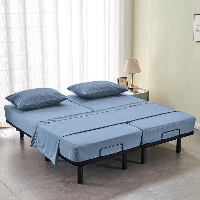 Kingnex Striped Split California King Sheets Sets for Adjustable Bed with Deep Pocket 5 Pieces Include 2 Cali Twin XL Fitted Sheets 1 Flat Sheet 2 King Size Pillowcases Blue