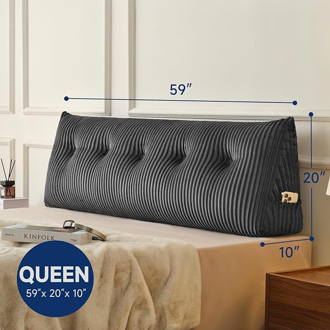 Queen Headboard Pillow, NO ROLL PILLOW, Comfort Triangular Wedge Reading Pillow for Bed&Sofa, Ultra Soft Ergonomic Backrest Cushion for Sitting Up, Reading, Relaxing, Removable Washable Cover, Grey