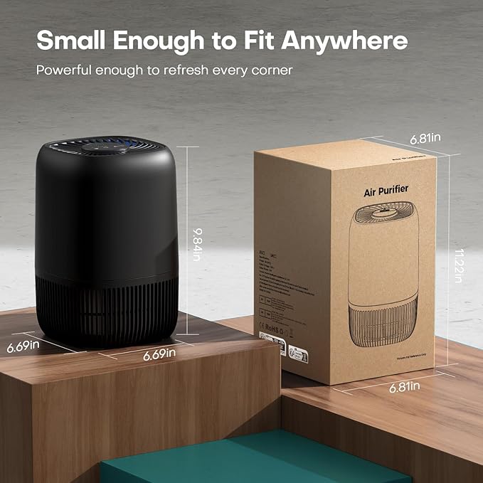Air Purifiers for Bedroom with High Efficiency Filter Up to 1076 Ft² for Pet Hair, Odors, Pollen, Smoke, Compact Air Cleaner with 3 Speeds, Timer, Aroma Quiet 360°Intake Filter, Black