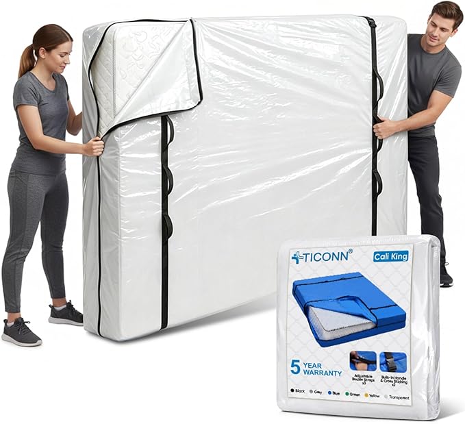 TICONN Mattress Bags for Moving, Heavy Duty Cali King Mattress Cover Storage Bag with Full-Around Handle and Adjustable Buckles (Clear, Cali King)