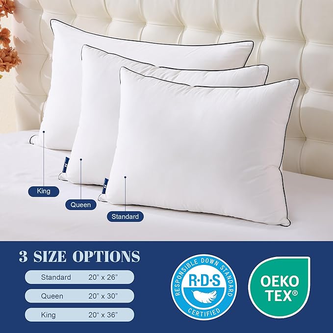 Feather Down Pillows Queen Size Set of 2, Luxury Hotel Collection Bed Pillow 2 Pack, Airyfil™ Powered Fillings & Feathers Pillow，Fluffy Plush for Side Sleepers, Medium Firm, 20x30 in.