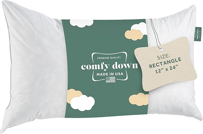 ComfyDown 12x22 Throw Pillow Insert, Down & Feather Fill, 100% Cotton Cover, Made in USA – Premium Soft Lumbar Decorative Pillow Form Sham Stuffer for Bed, Sofa & Couch