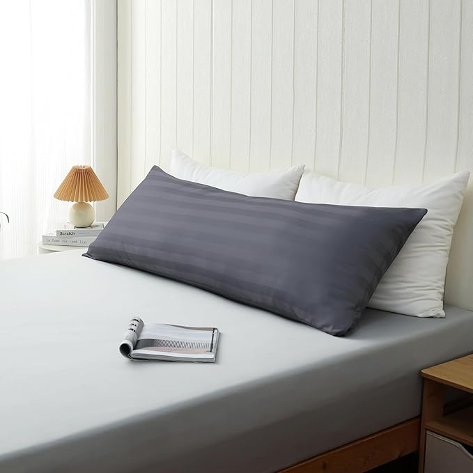 100% Cotton Soft Body Pillow Protectors with Invisible Zipper 20X54 Inches Body Pillow Cases, 600 Thread Count Soft Pillow Cases, Striped Dark Grey Color 1-Pack
