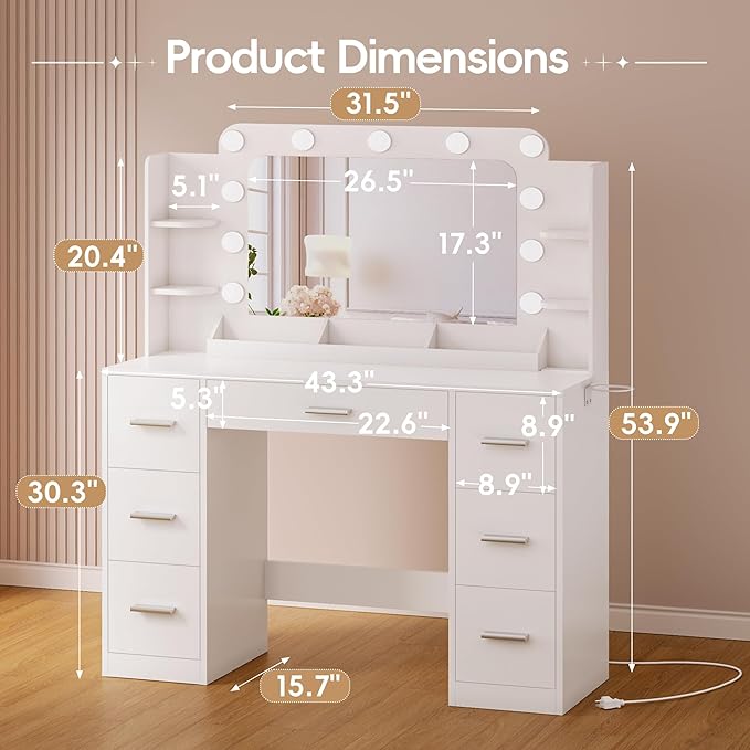 Furmax Vanity Desk with Hollywood Style Mirror with LED Lights, Makeup Table Vanity with 2 AC Outlets and1 USB＆1 Type-C Port, Adjustable Lighting, Modern Ample Storage Drawers Dressing Table (White)
