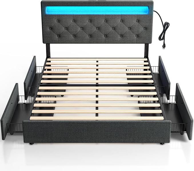 Rolanstar Queen Bed Frame with 4 Storage Drawers and Charging Station, Queen Bed with Led Lights, 2 USB & 1 Type C, Adjustable Headboard 38.9/40.9 Inches, No Box Spring Needed, Dark Gray