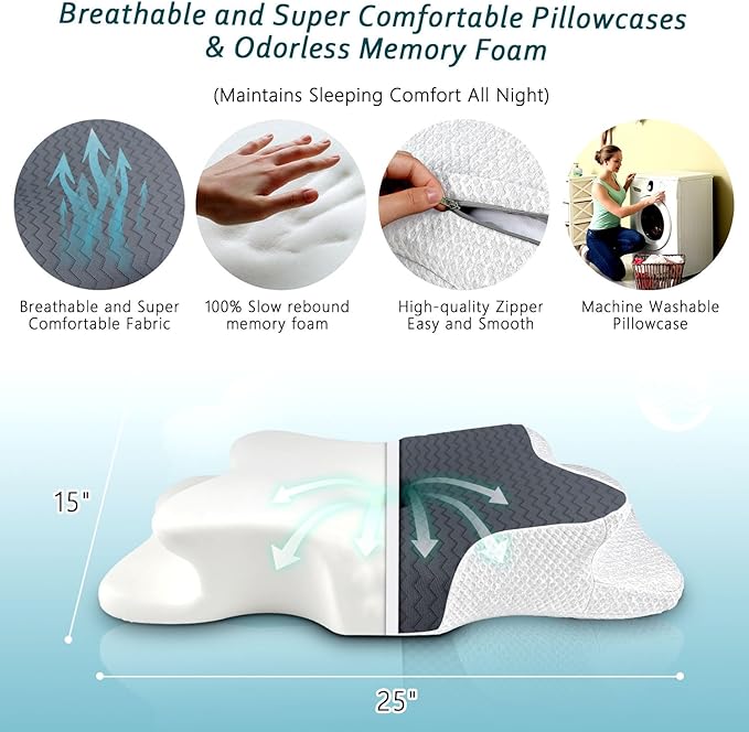 CHxxy Cervical Pillow for Neck Pain Relief, Memory Foam Pillows, Ergonomic Contour Bed Pillow, Soft for Side Sleep Stomach Sleeping and Back Sleepers-Queen Size Dark Grey&White